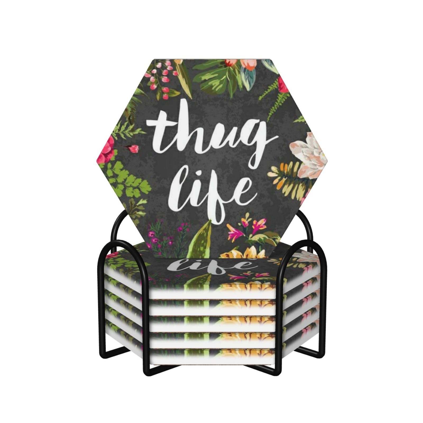 Thug Life - Set di 6 sottobicchieri in ceramica con stampa floreale, accessori eleganti per la cucina e la casa