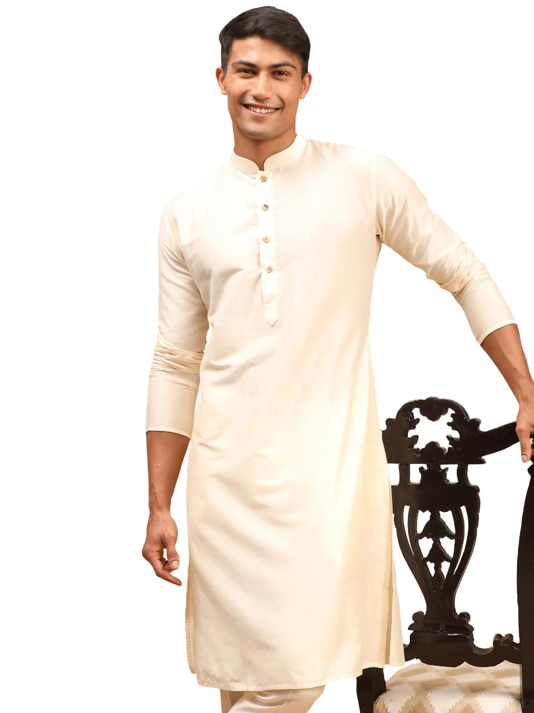 Solid Regular Men's Cream Viscose Kurta