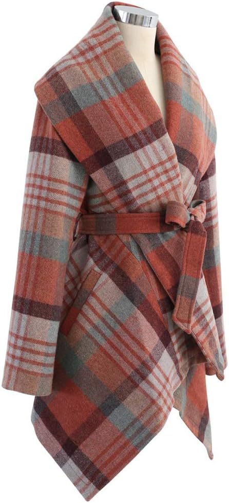 CHICWISH Women's Turn Down Shawl Collar Earth Tone Check Asymmetric Hemline Wool Blend Coat - Image 5