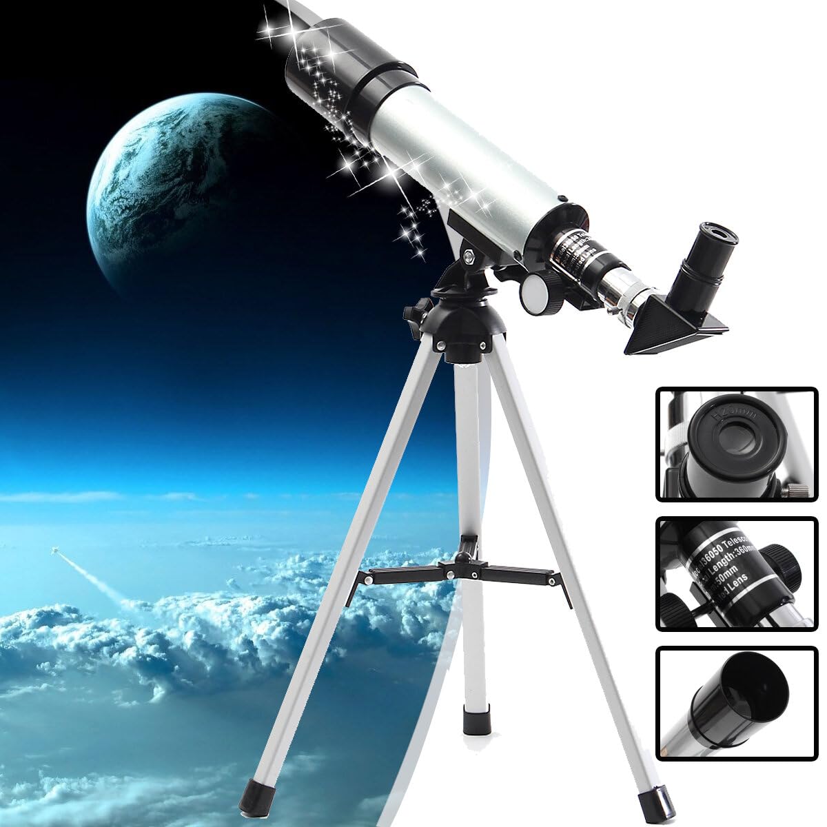 90X 50mm Monocular Telescope Astronomical Refractor Telescope Refractive Eyepieces with Tripod for Beginners