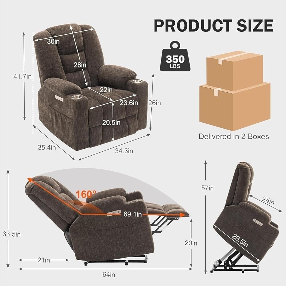 Electric Lift Chair with Massage Heat for Elderly Remote Control Leather Power Recliner 2 Cup Holders