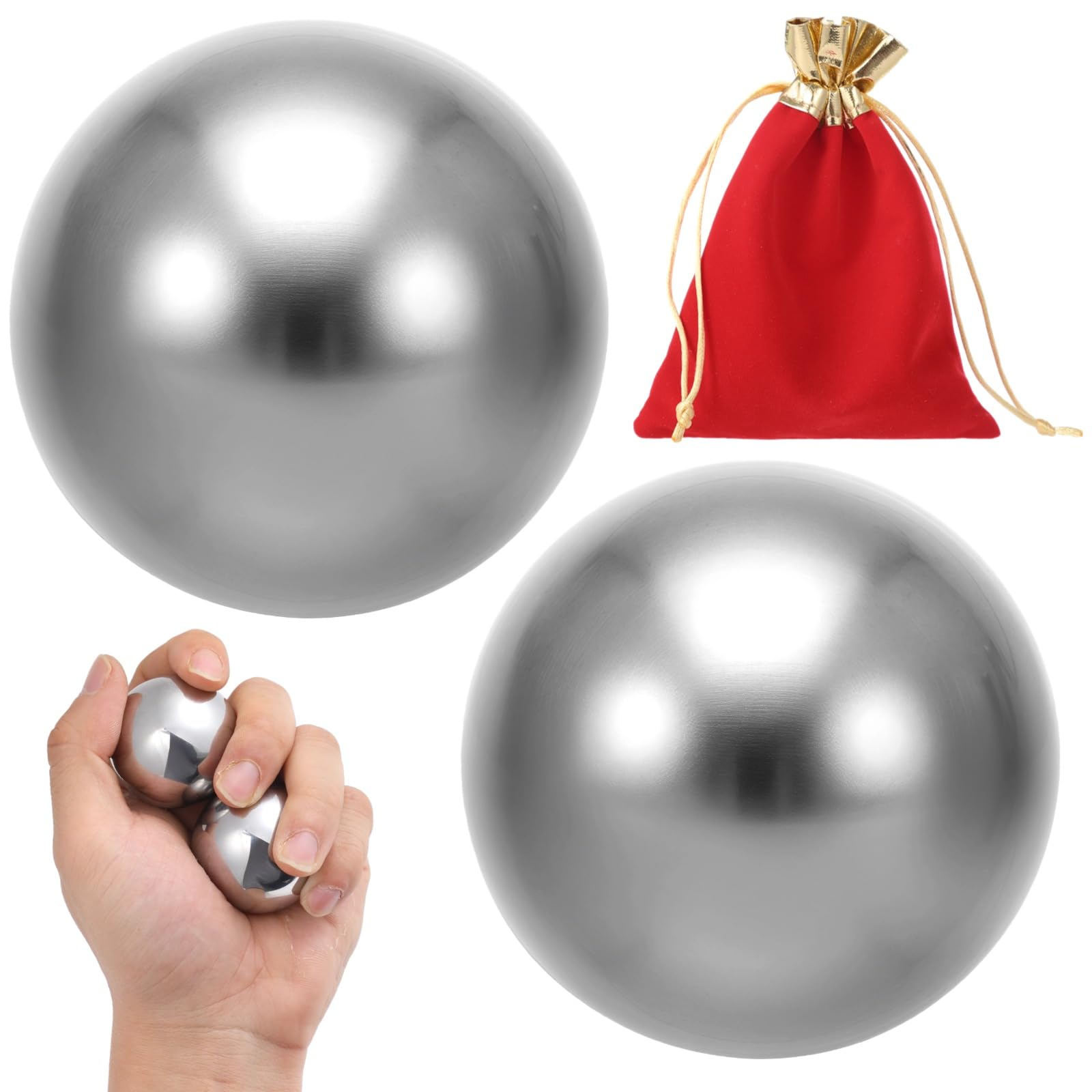 2 Stk. Edelstahl-Übungsbälle, 3,6 cm Handtrainingsbälle, Baoding-Bälle, Metall-Handbälle mit Zugbeutel, Griffkraftbälle, glatte Oberfläche, für Handtraining und Fingerübungen