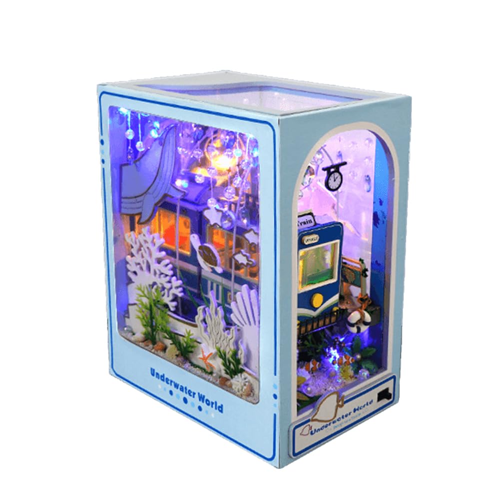 DIY Book Nook Kit Underwater World Dollhouse Miniature Kit DIY Dollhouse Wood Bookends Building Model Puzzle Toy with LED Light for Teens and Adults Building Creative Gifts