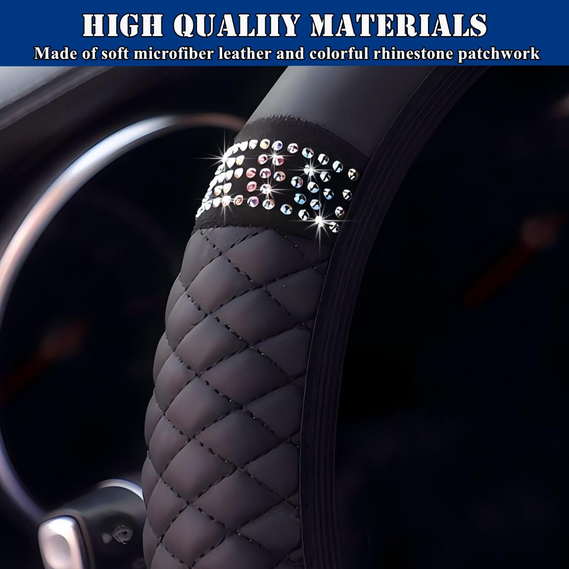 Soft Leather Car Steering Wheel Cover, Universal 15 Inch Colorful Rhinestones Anti-Slip Elastic Steering Wheel Covers for Most Cars, Sparkly Crystal Diamond for Women Girls (Black)
