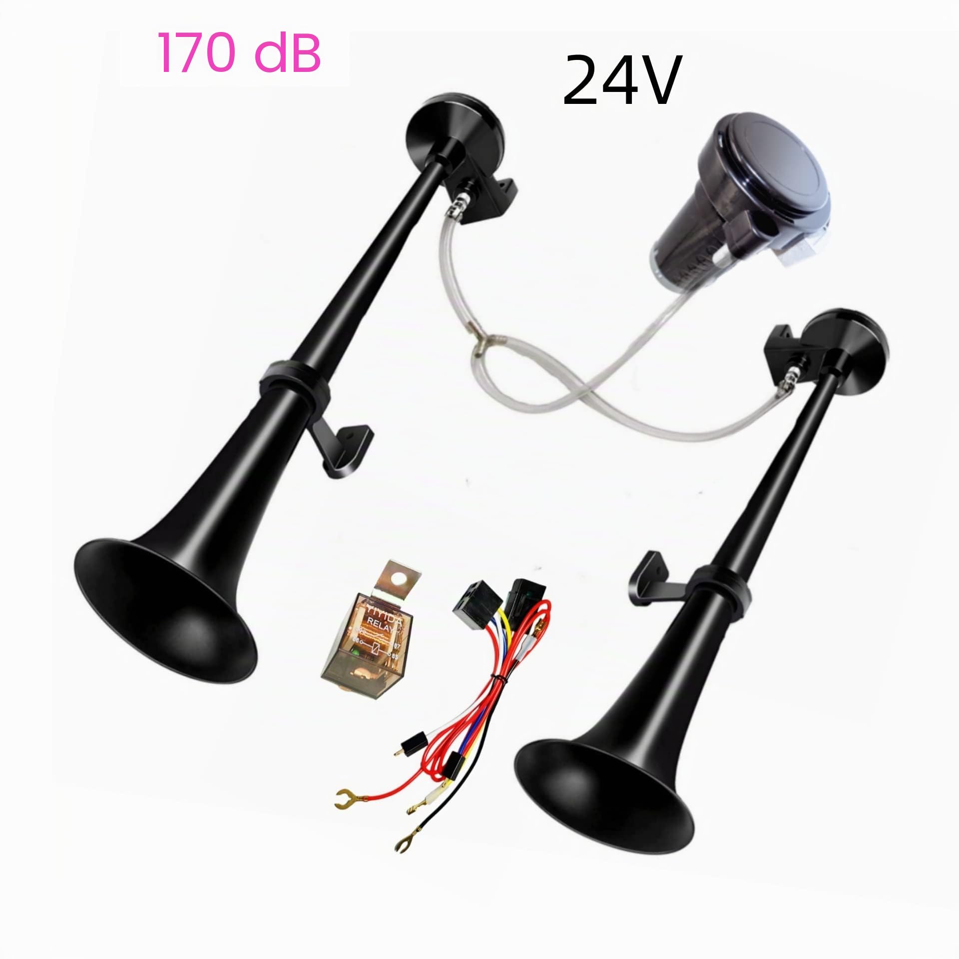 Klaxon de Voiture 24V Double Tube Trompette de Camion Chrome Noir 170db Avec Pompe à Air pour Bateaux SUV Vans Moto