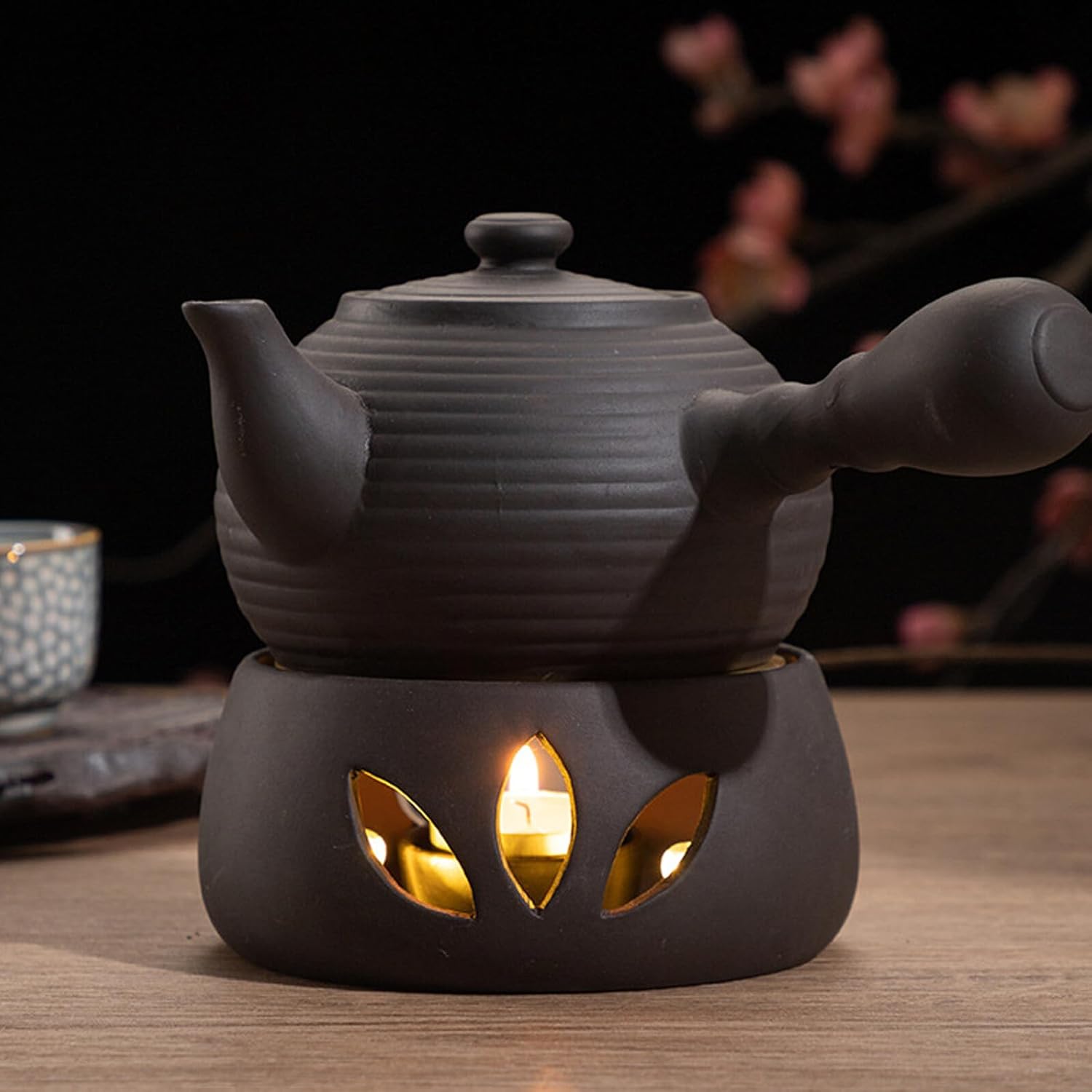 Japanese Style Ceramic Teapot Warmer with Candle Stand and Copper Zen Mat Safe Heat Base for Home Tea Heating Dirt-Resistant Design Gift for Tea Lovers