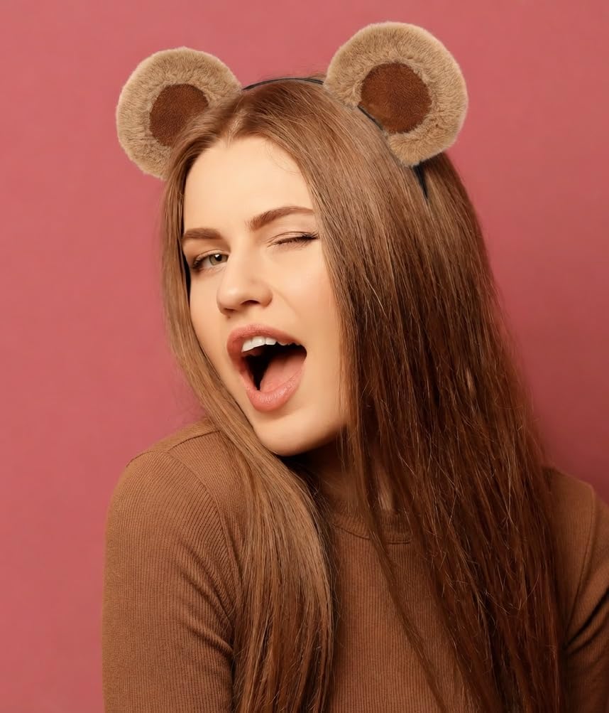 Brown Bear Ears Headband Fluffy Chipmunk Ears Headband, Fashion Hairband Bear Ear for Makeup Adults,Movable Ears Design