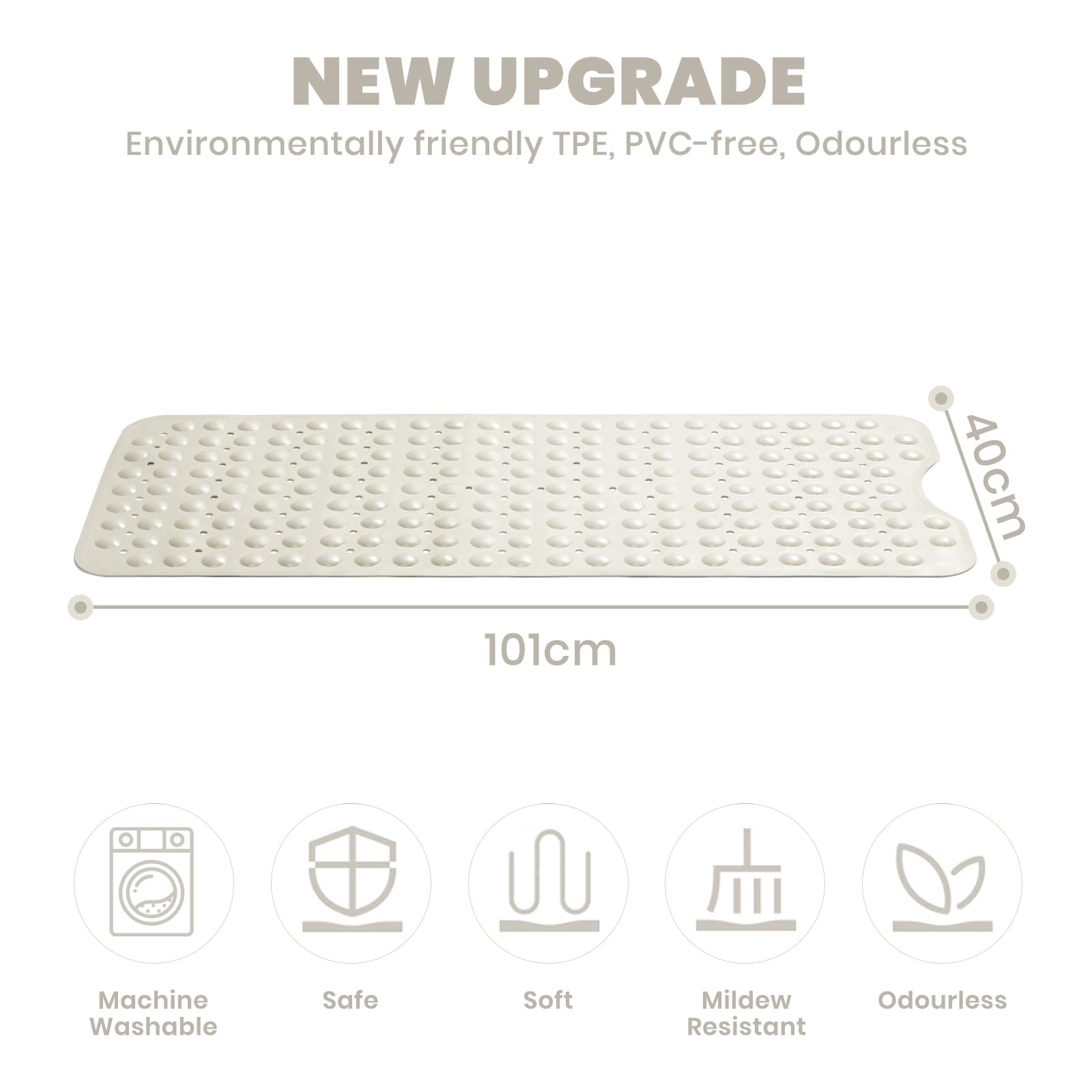 Good Nite Long Tapis de Bain antidérapant Extra Large avec ventouses pour Un Bain sûr, Anti-moisissure, Lavable en Machine, Dos en Caoutchouc épais Doux, 101 x 40 cm, Beige