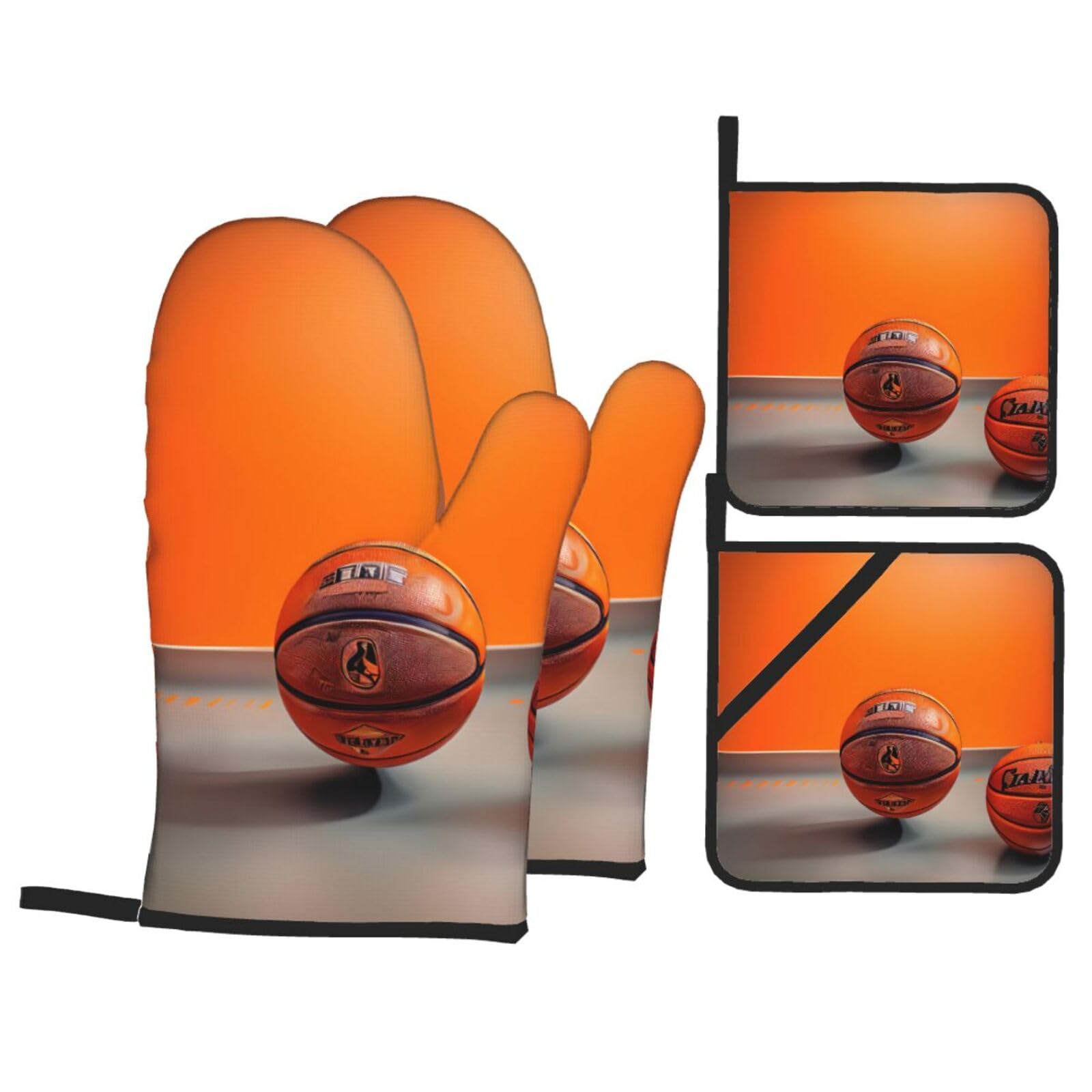 Basketball Orange Print 4-Piece Oven Microwaving Set Waterproof Kitchen Gloves for Baking Grilling Cooking