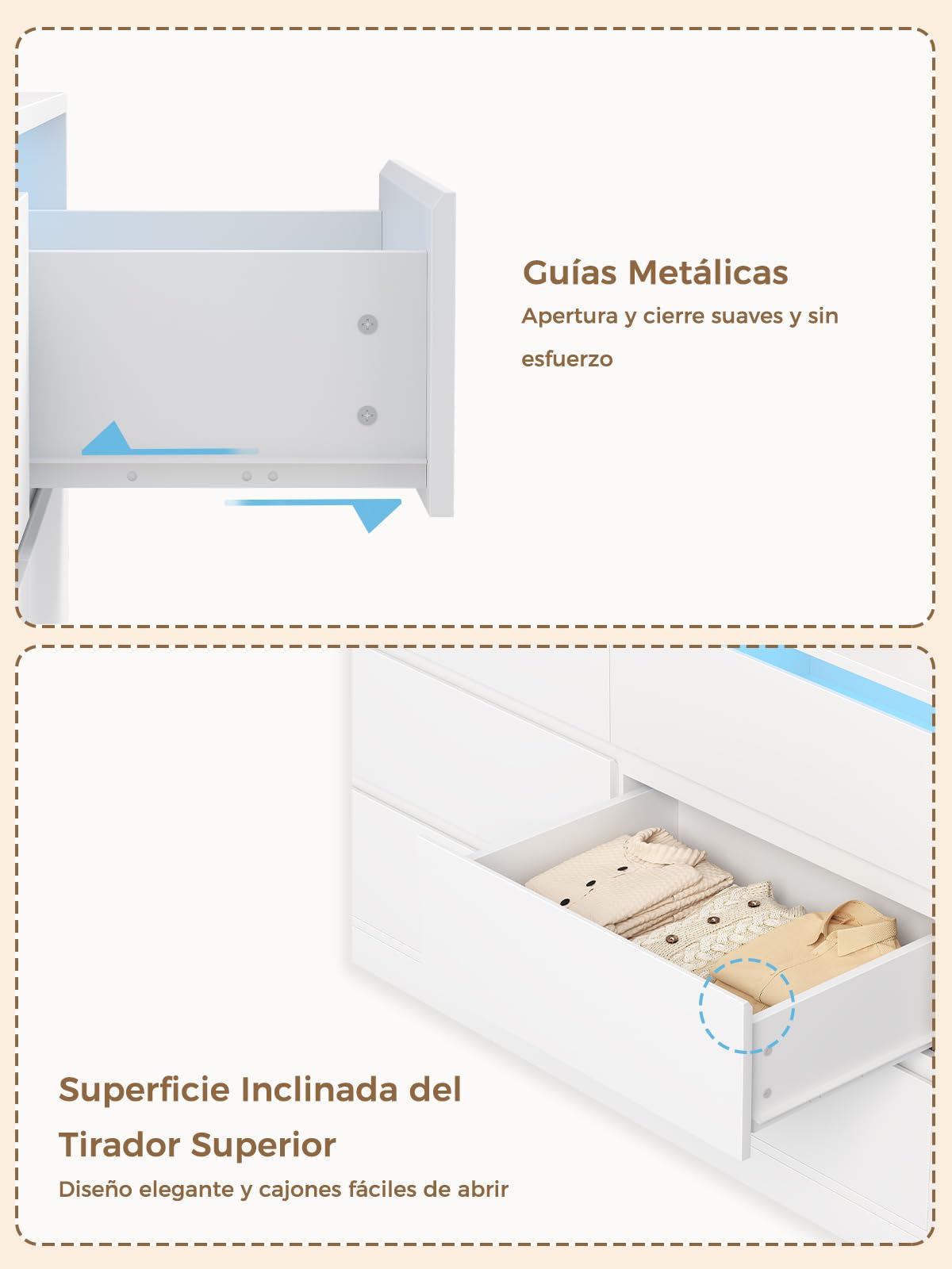 BEWISHOME Comoda Dormitorio con Luces LED,Cajonera Blanca con 6 Cajones | Comodas y Cajoneras,Cómoda Moderno para Pasillo,Salon,Tirador Oculto,40 x 75 x 108 cm EKCG08W