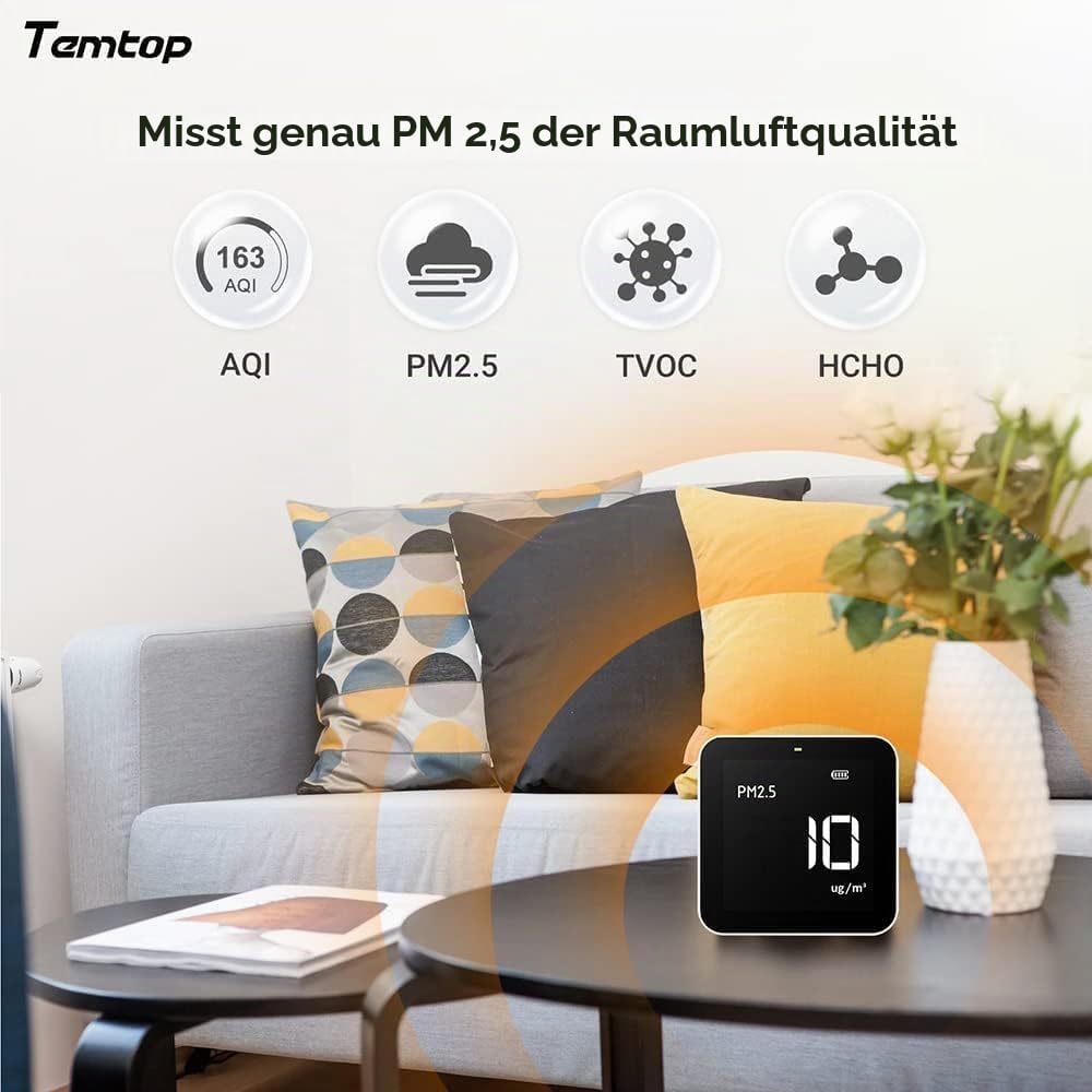 Temtop M10 Überwachung der Luftqualität für PM2.5/HCHO/TVOC/AQI, tragbarer intelligenter Monitor, wiederaufladbarer Akku