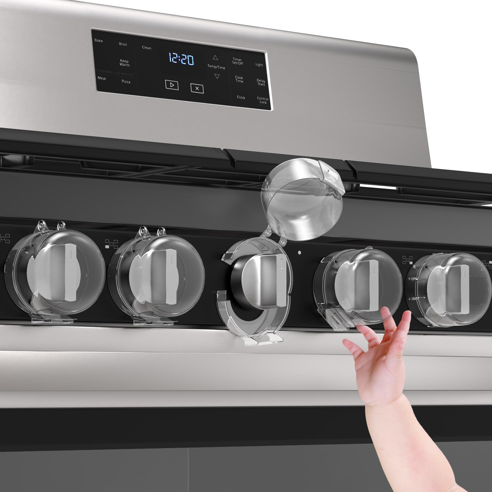 Fundas de seguridad para perillas de estufa, a prueba de niños, para horno y estufa de gas, para seguridad infantil, resistentes al calor, visión clara, fácil instalación, cerraduras de horno de