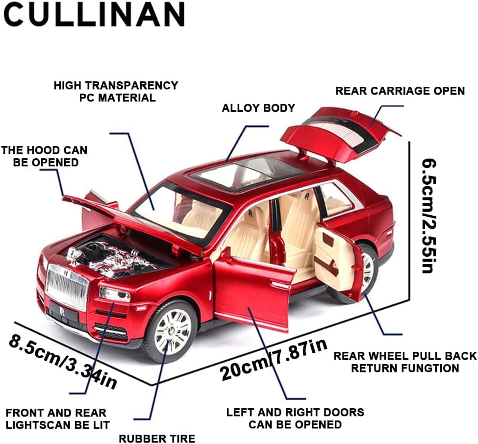 Image of Exquisite car Model 1 /24 Rolls-Royce CULLINAN Model Car,Zinc Alloy Pull Back Toy car with Sound and Light for Kids Boy Girl Gift. (RED)