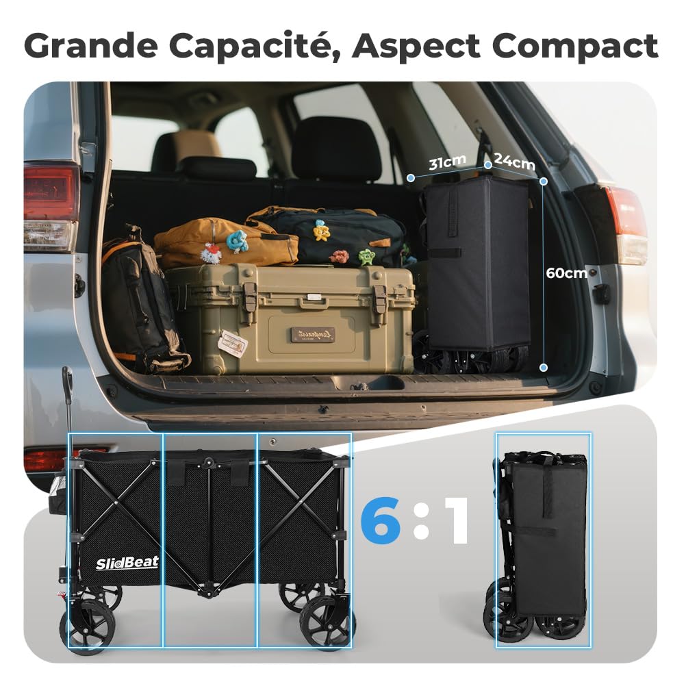 SLIDBEAT Chariot de Plage 220-330L, 200KG Chariot de Transport Pliable avec Roues Pivotantes à 360°, XXL Chariot de Jardin à Poignée à Rebond Automatique Tout Terrain avec Freins, pour Pêche Camping