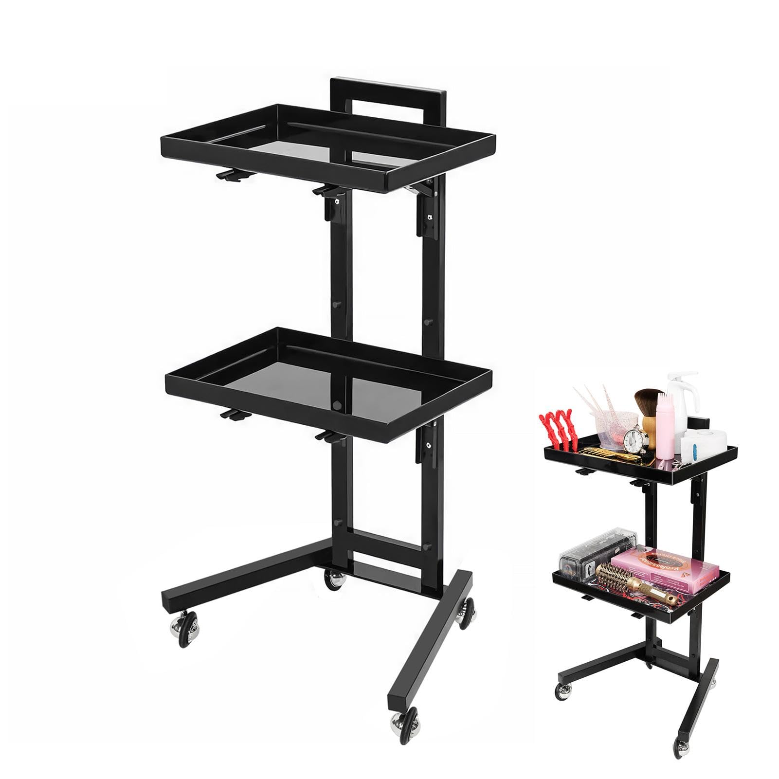 Carrello per salone di bellezza, vassoio portatile per strumenti di bellezza, carrello portaoggetti per parrucchieri, multifunzione a 2 ripiani, vassoio mobile con ruote per barbieri, saloni e spa | Carrello Con Ruote Per Parrucchiere Per Gioielli Cosmeti