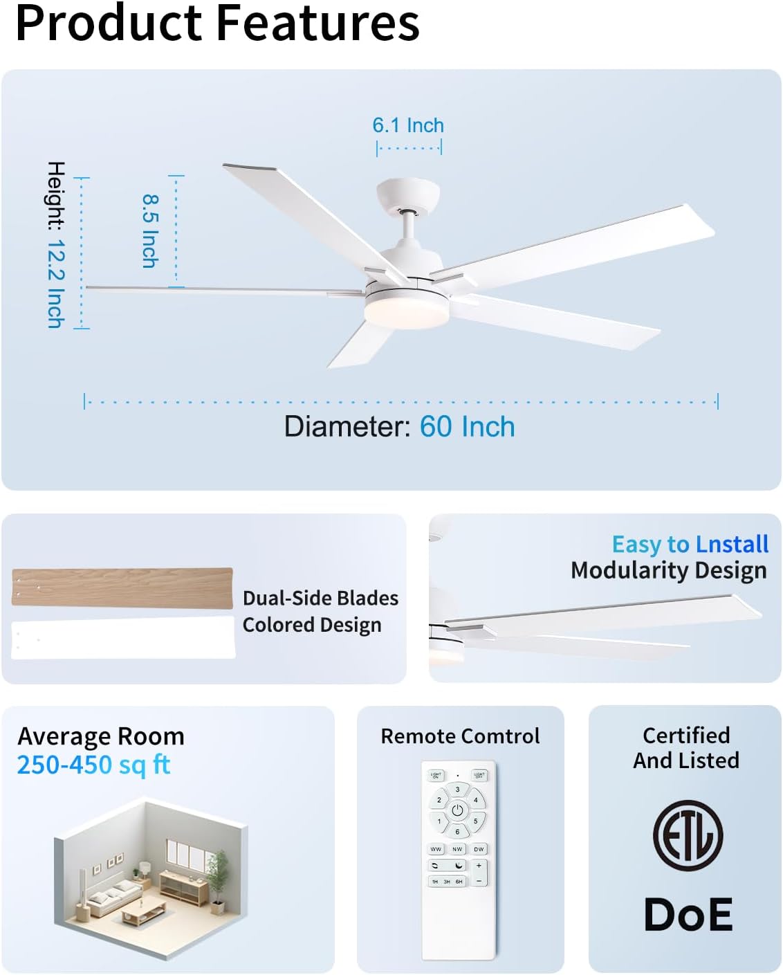 60 Inch Ceiling Fans with Lights and Remote, 6 Speed Reversible DC Motor, 3CCT Dimmable LED, 5 Blades, White Modern Ceiling Fan for Bedroom, Living Room & Covered Outdoor, Includes Downrod