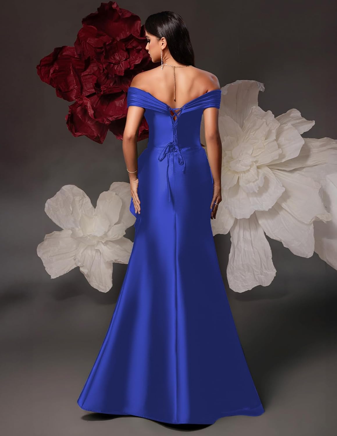 ForElise Off Shoulder Mermaid Satin Prom Dresses for Women Long Pleated Evening Dresses with Slit