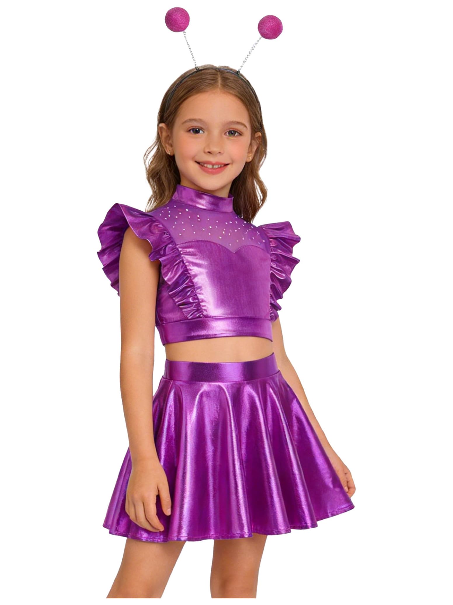 inlzdz Kids Girls Space Alien Costume Robot Dress Metallic Crop Top & Skirt with Antenna Headband 3-Piece Set Purple 5-6 Years