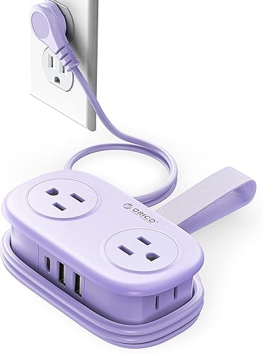 ORICO Regleta de alimentación de viaje púrpura de 4 pies con 4 salidas de CA, 2 puertos USB-A y 1 puerto USB-C, cable de extensión de enchufe plano