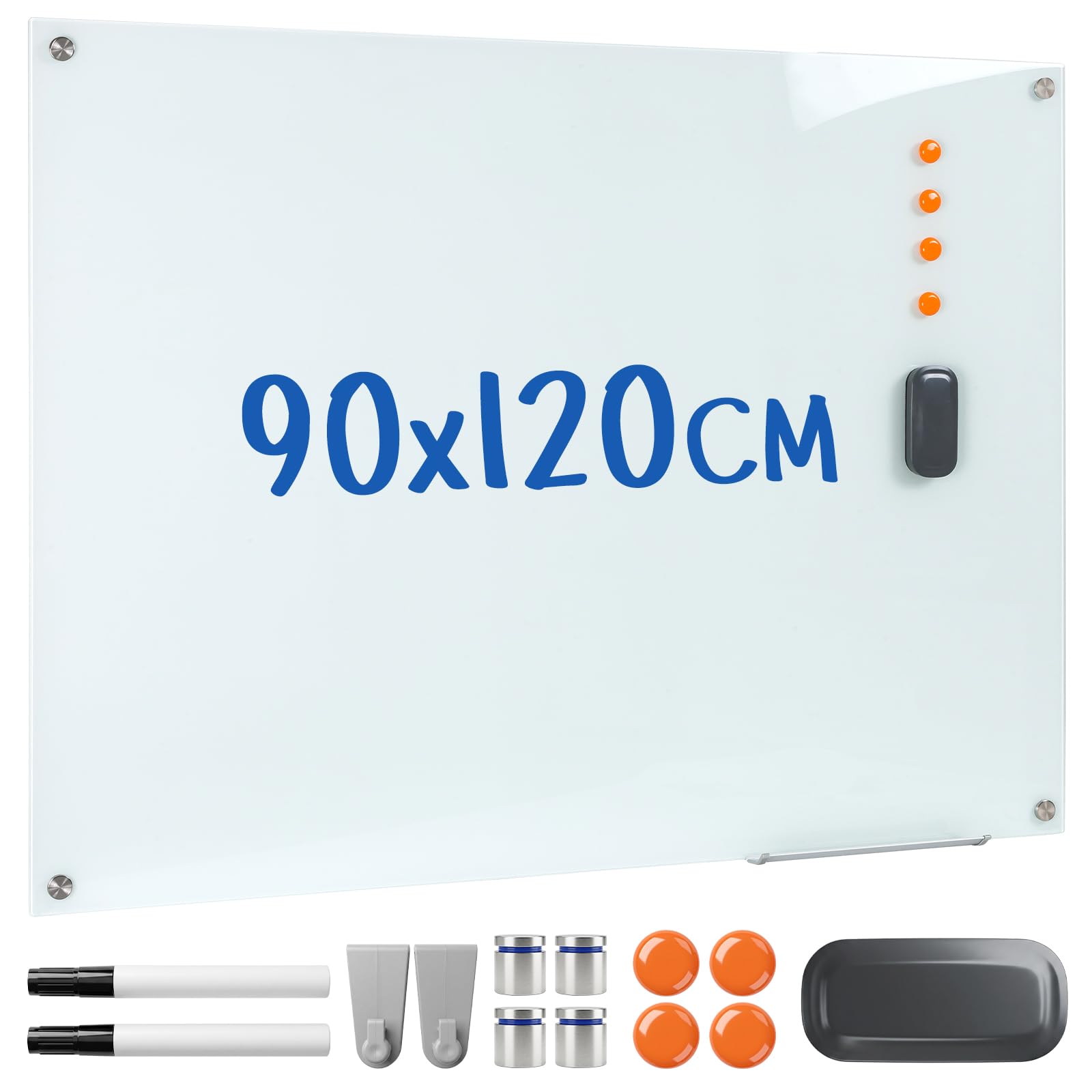 Comix Glass Magnetic Whiteboard, Frameless White Board, Dry-Erase Without Residue, Includes 4 Magnets, 2 Markers, Eraser & Pen Tray, Magnetic Wall Board for Kitchen & Office (90 x 120 cm)