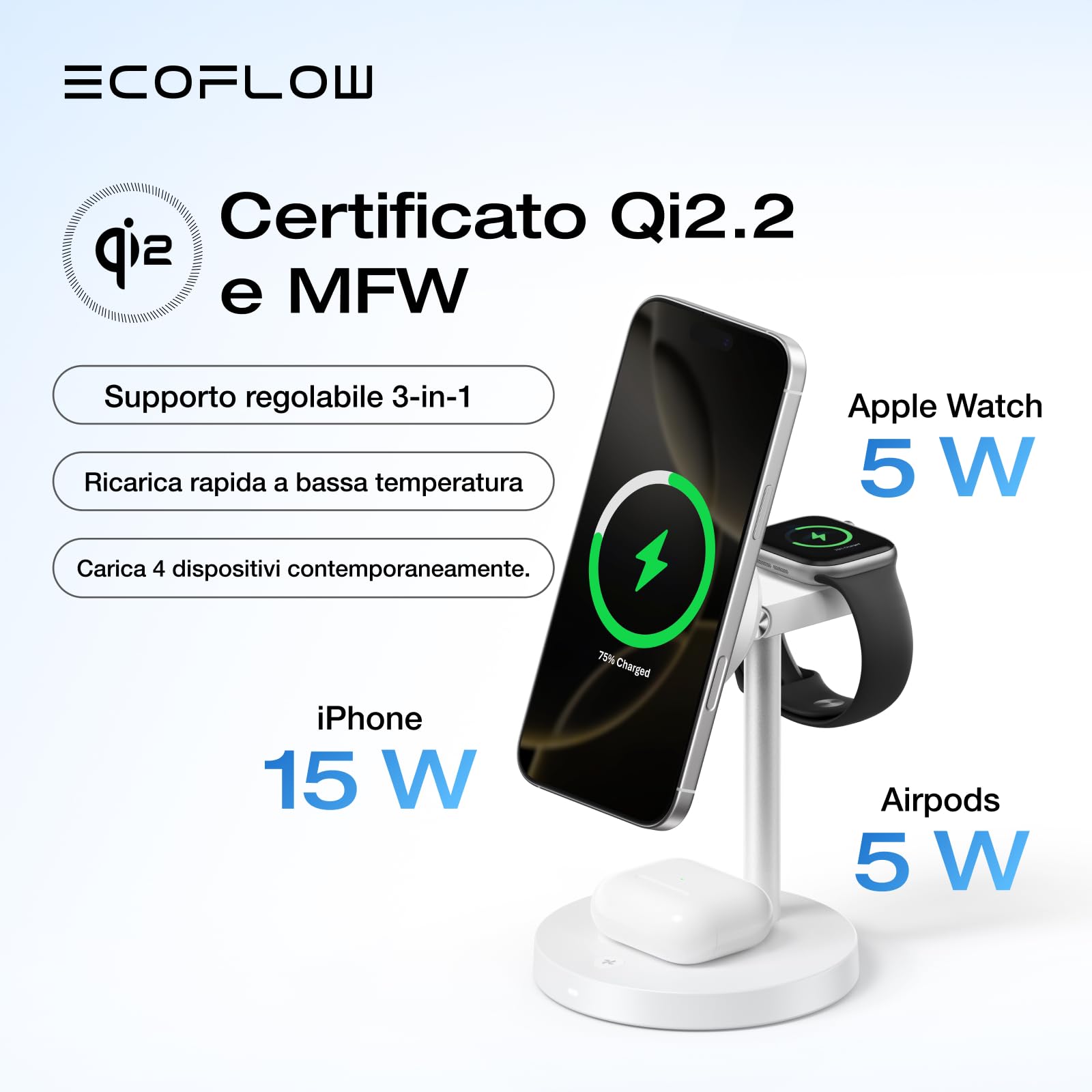 EcoFlow - Stazione di ricarica 3 in 1 Qi2 Magsafe per Apple con supporto regolabile, stazione di ricarica wireless magnetica per iPhone, 15 W, per iPhone 17/16/Series, Apple Watch e AirPods, bianco