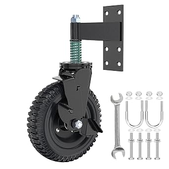 Gate Wheel with Brake, 8 Inch Wheel Diameter, 15.4 Inch Height, Suit for Metal Tube & Wooden Gates, 700lbs Capacity, Spring-Loaded Heavy Duty Rubber Casters, Black