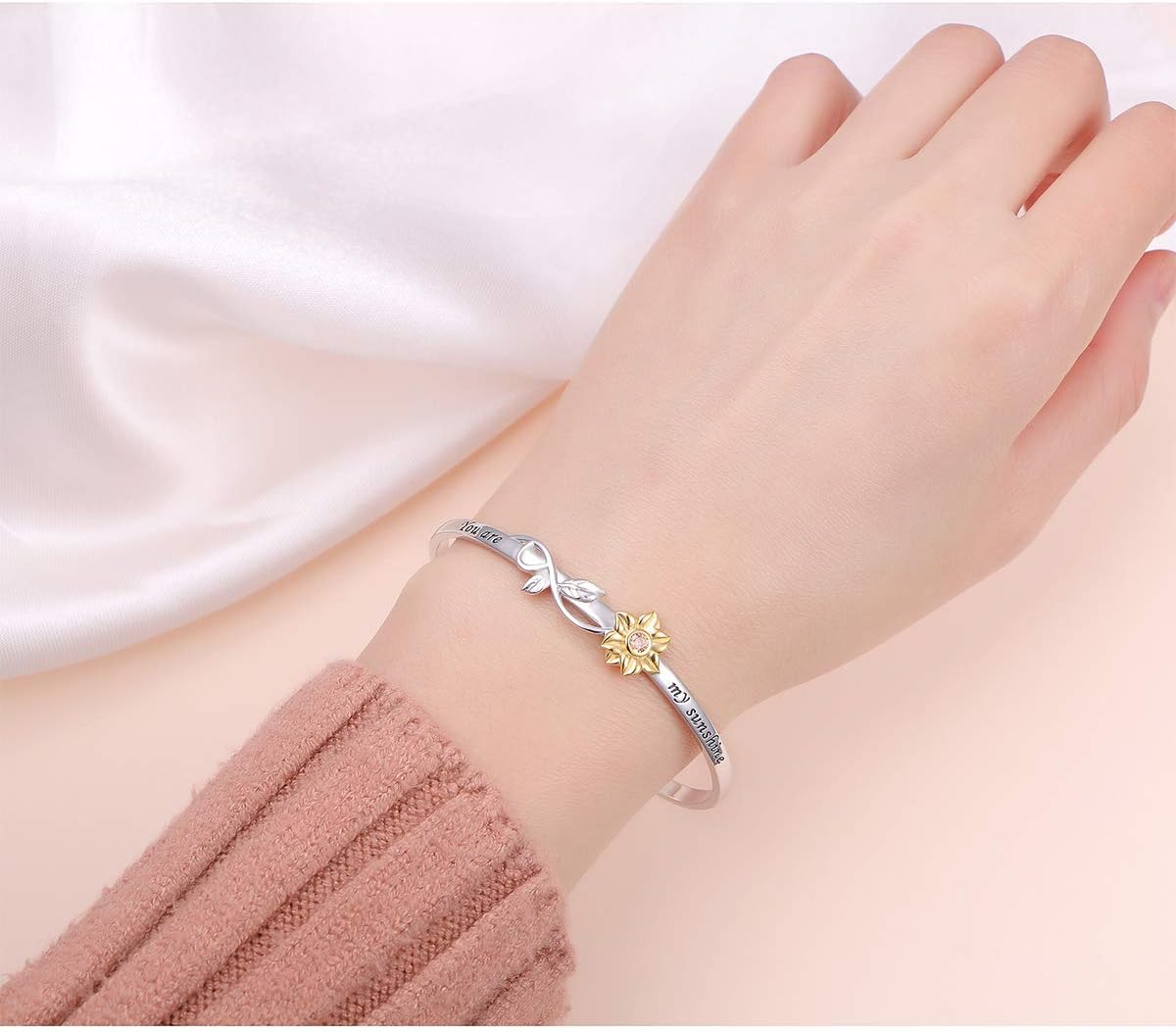 S925 Sterling Silver Sunflower with CZ Engraved You Are My Sunshine Bangle for Women 18" (Bangle) - Image 5