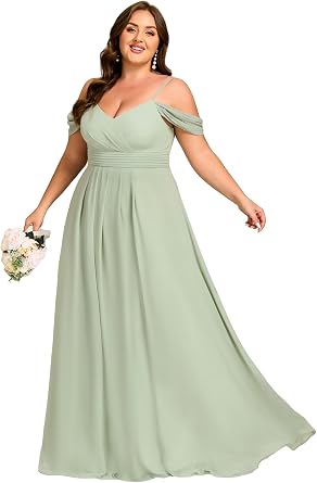 Ever-Pretty Plus Womens V Neck A Line Off Shoulder Sleeveless Chiffon Pleated Floor Length Plus Size Bridesmaid Dresses
