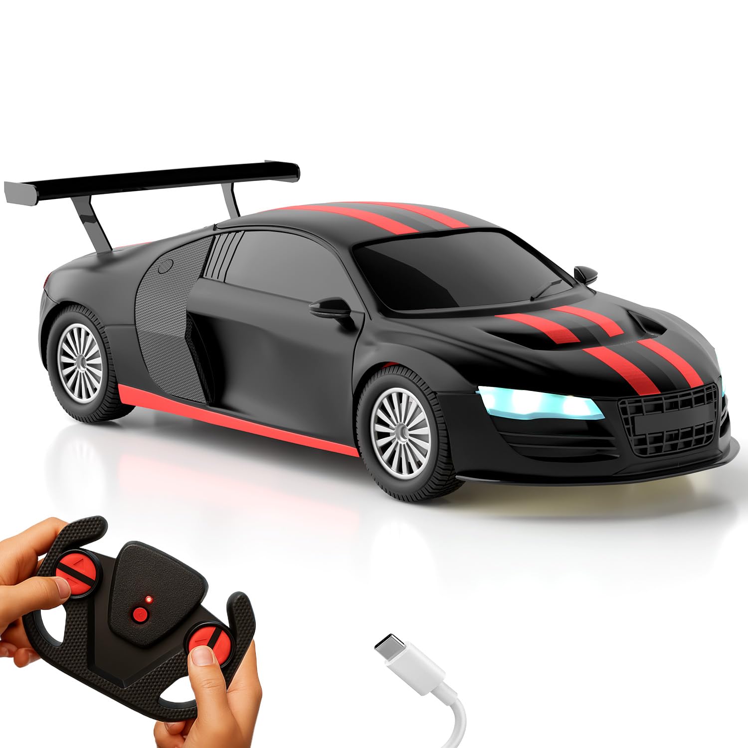 Lifelong Rechargeable Remote Control Car for Kids|2.4GHz, LED Headlights, Upto 90 to 120 min Non-Stop Play Time, 125ft Remote Range, Type-C Charging, Anti-Skid Tyres (LLCRRC03) (Red & Black)
