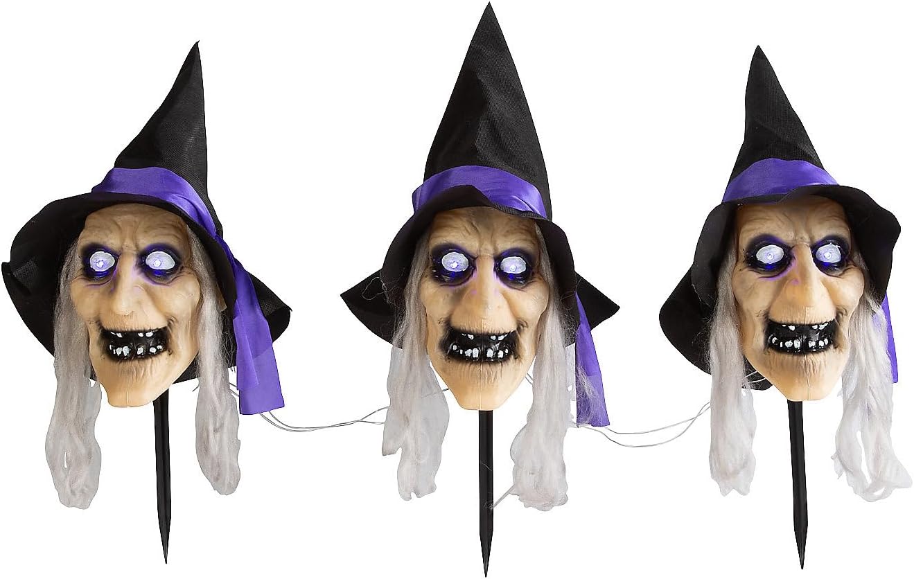 Fun Express 3 Pieces 2 ft. Light-Up Witch Head Yard Stake Halloween Decorations
