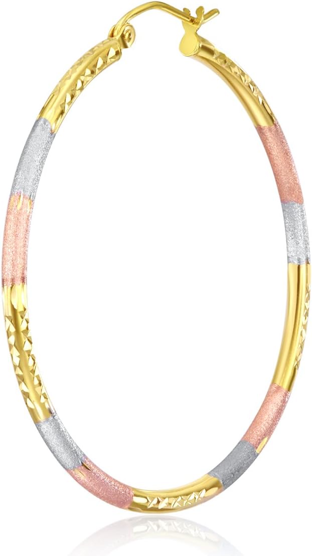 14k REAL Tri Color Gold 2mm Thickness Tube Hoop Earrings - 5 Different Size Available