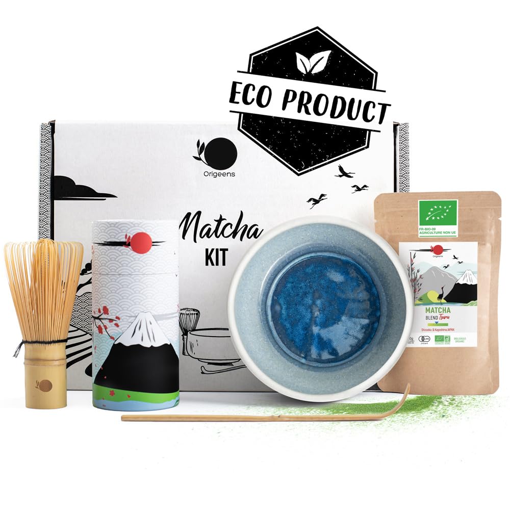 Origeens Matcha Set Azur - Handcrafted Matcha Bowl (Europe), Organic Japanese Matcha Tea Included, Chasen Whisk, Bamboo Spoon | Matcha Kit Gift Set