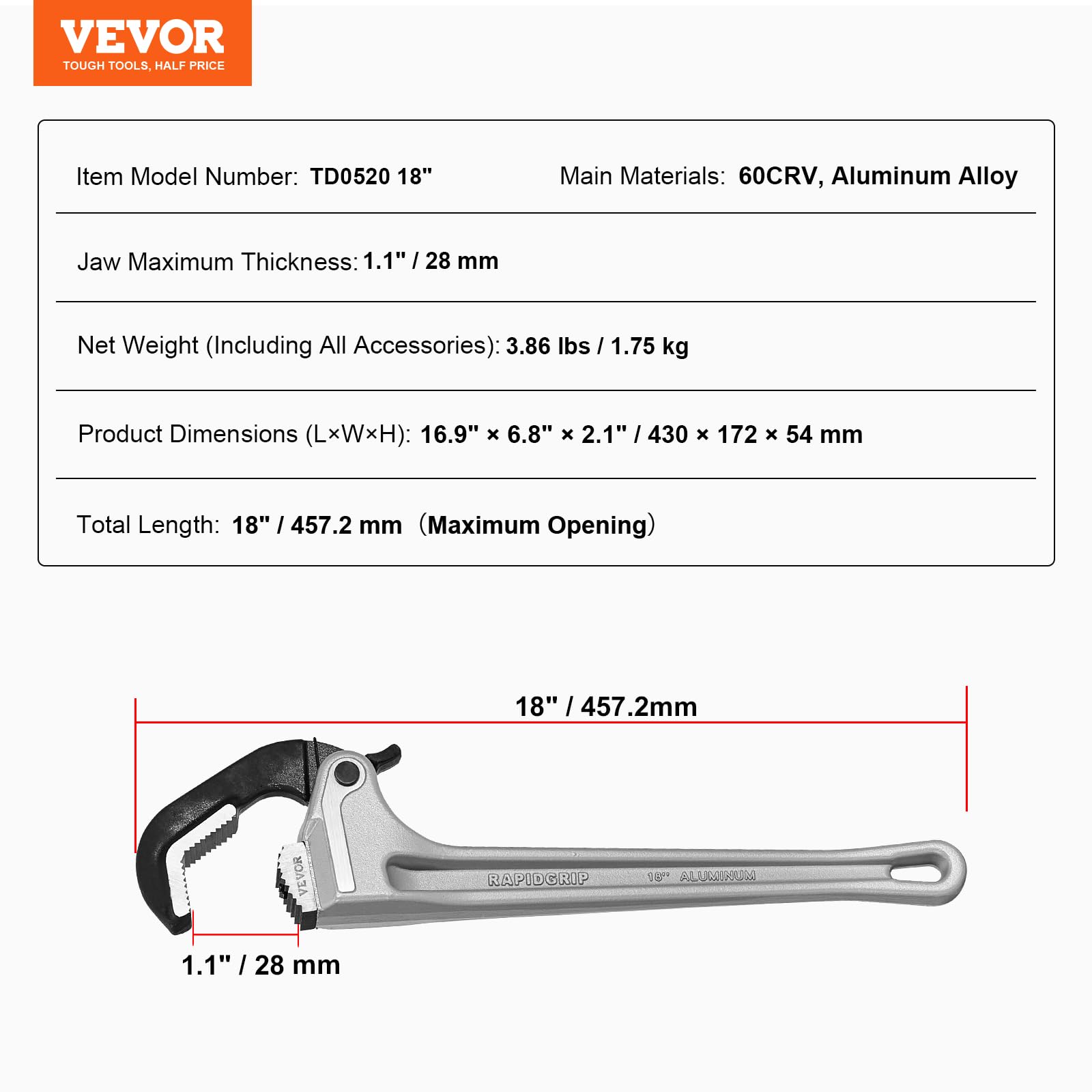 VEVOR Clé Serre Tubes Droite 45,7 cm, Tuyau à Griffe en Aluminium, Clé de Plomberie avec Réglage Automatique de la Mâchoire, Portable et Poignée Ergonomique, pour Conduites d'Eau, Réparations Auto