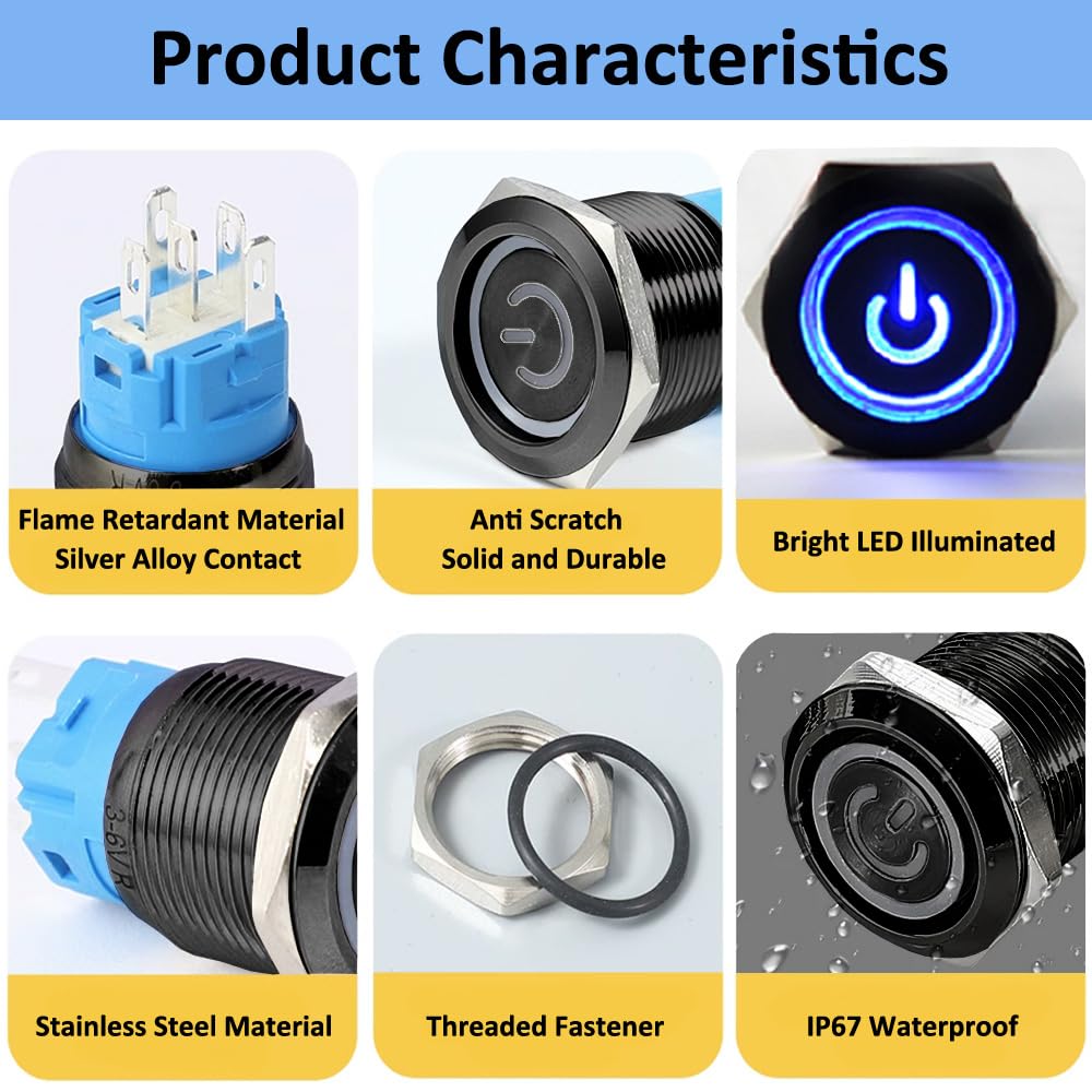 ETOPARS Czarna powłoka 12 V samochód niebieski LED światło przeciwmgielne przycisk ze stali nierdzewnej metalowy przełącznik przełączający 19 mm wtyczka gniazda