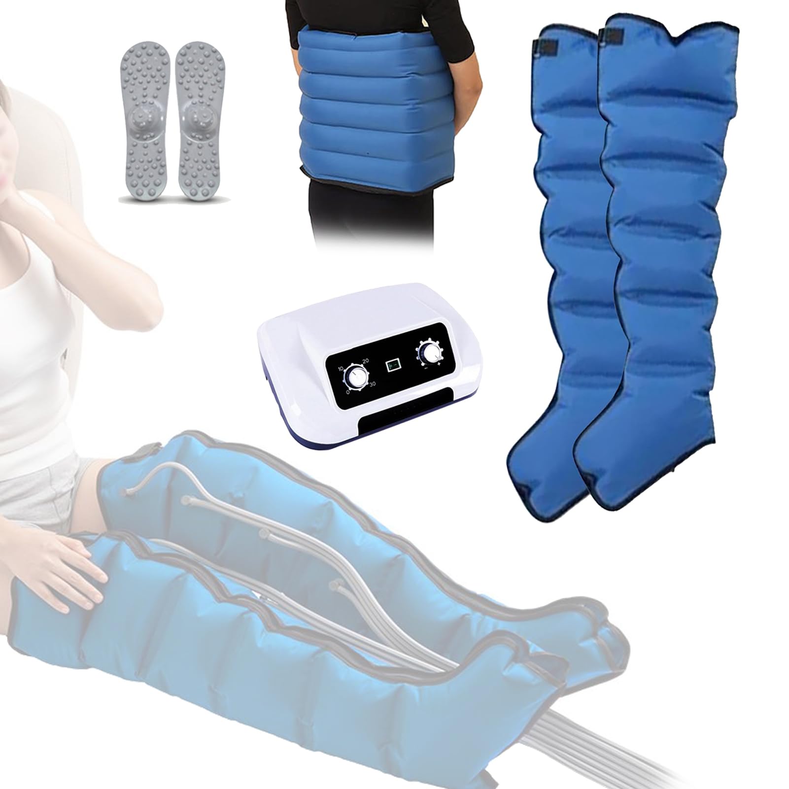 Domowa presoterapia, elektryczny masażer kompresyjny 6 komór powietrznych na nogi i brzuch, profesjonalna presoterapia drenaż limfatyczny, funkcja pomiaru czasu (niebieski, 2 nogi + talia)