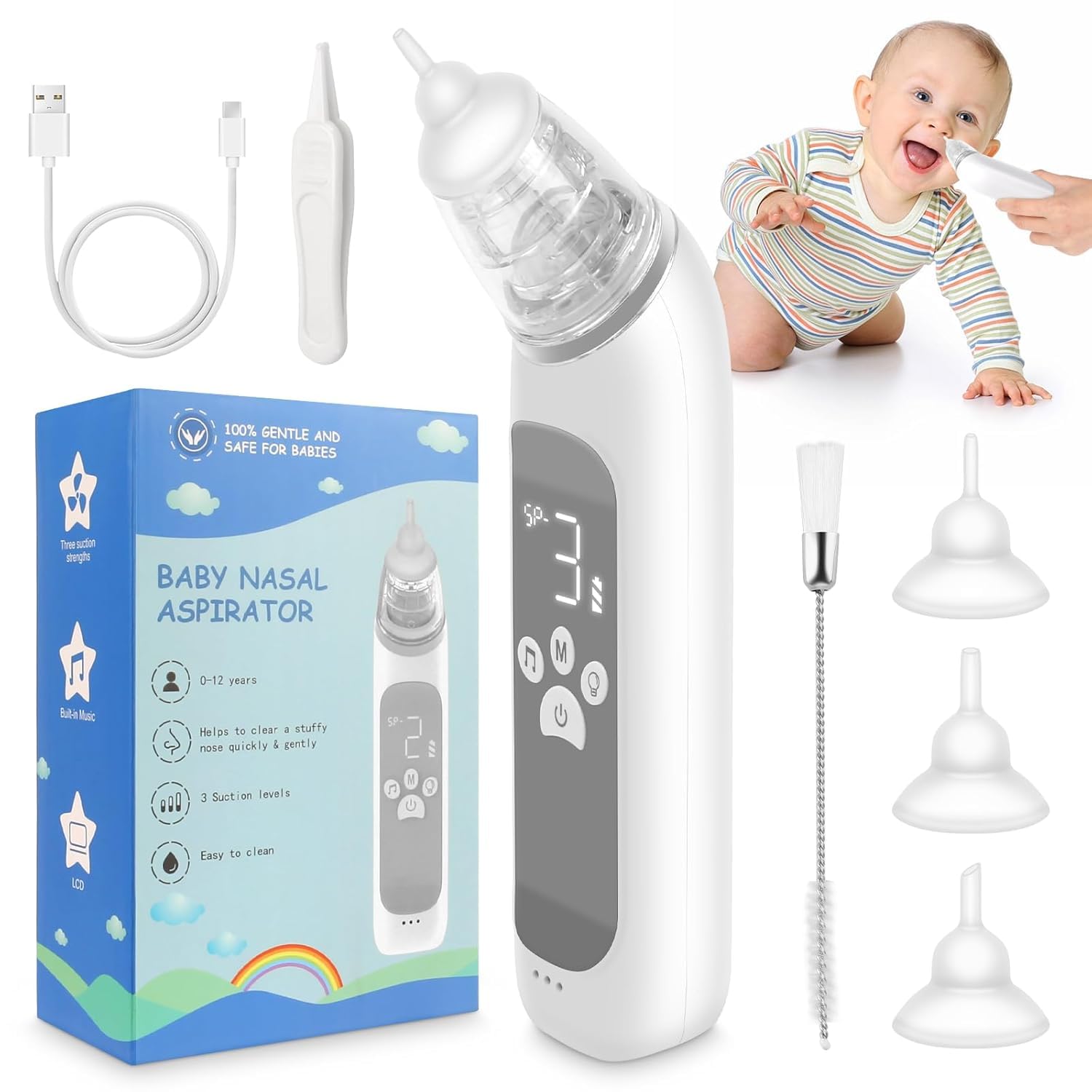 Nasal Aspirator for Baby, Electric Nose Aspirator for Toddler, Baby Nose Sucker, Automatic Nose Cleaner with 3 Silicone Tips-image-10