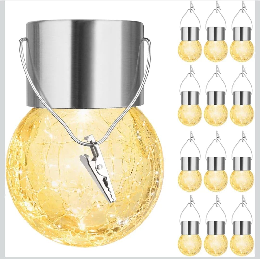 Solar Hanging Lanterns, Crackle Glass Globe, Warm Yellow LED, Stainless Steel, 4 Pack-image-7