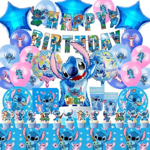 Geburtstagsdeko Jungen Partygeschirr Kindergeburtstag 76 Stück Geburtstag Deko Set mit Luftballons Pappteller Becher Servietten Banner Tortendeko Blau Geschirrset für Kinder Geburtstage
