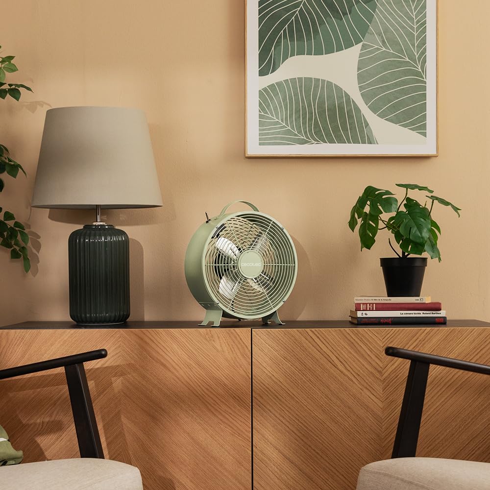 Cecotec - Ventilatore da Tavolo EnergySilence 400 RetroDesk Green, 25 W di potenza, 8 pollici, 4 pale aerodinamiche, design minimalista, 2 velocità, base robusta e stabile