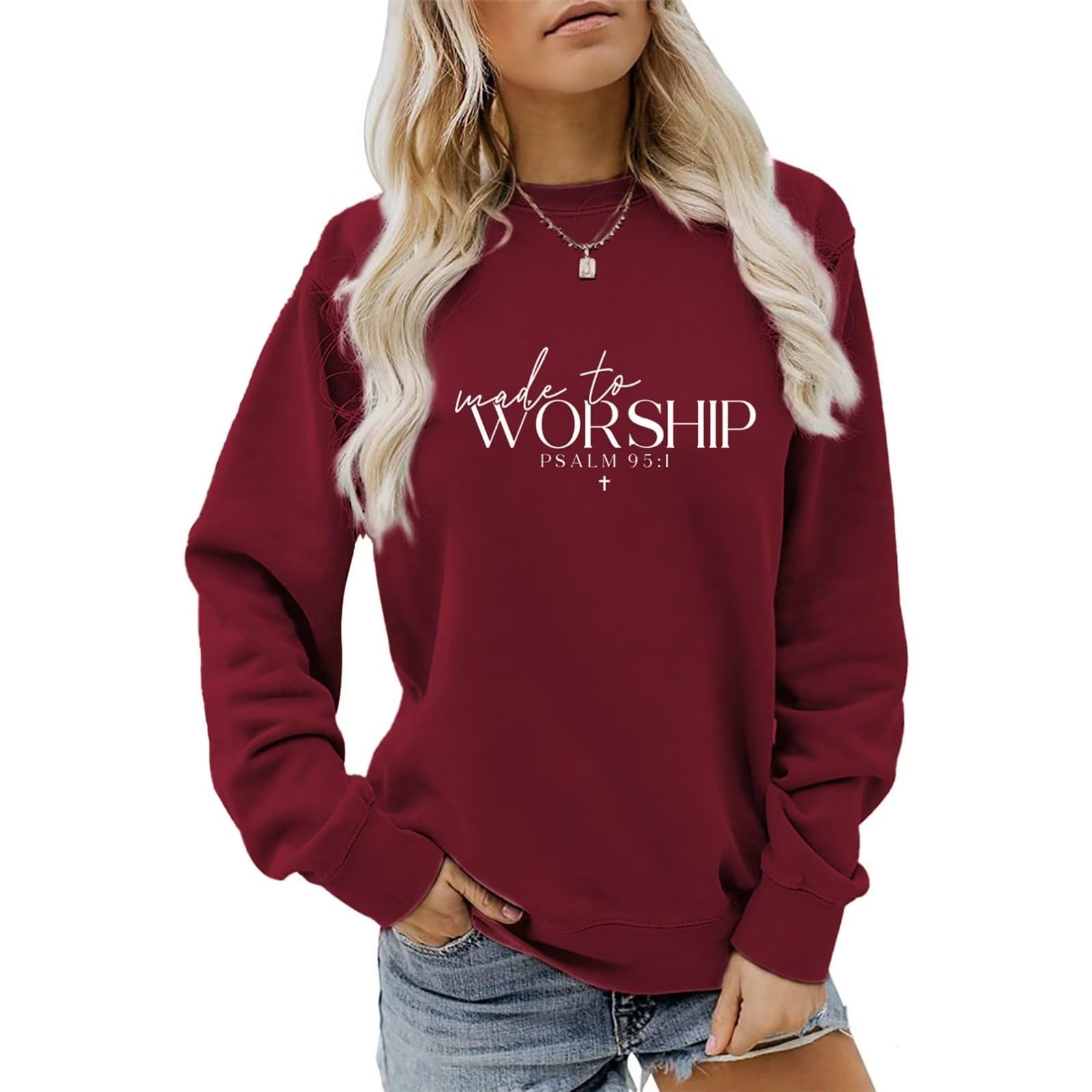 Luxbut Women's Wine Made To Worship Sweatshirt Christian Crew Neck Sweatshirt Casual Long Sleeve Religious Shirt Pullover Top Small