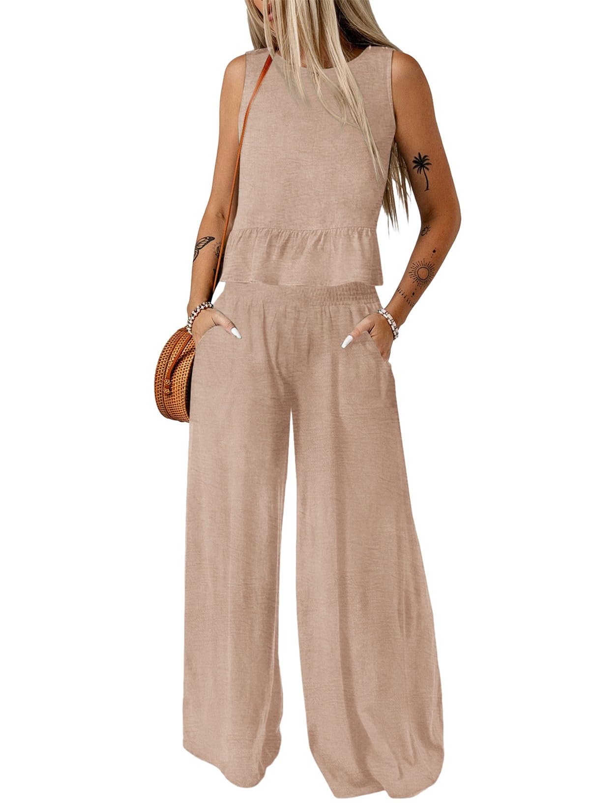 Dokotoo Womens 2 Piece Outfits Tank Tops Elastic Waist Wide Leg Pants Sets