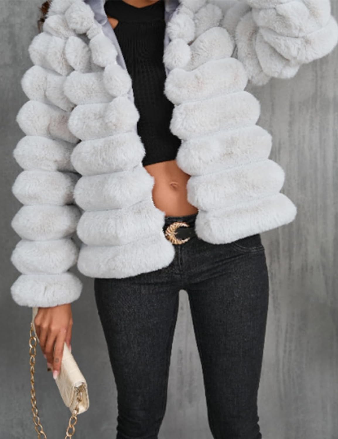 Yimoon Women's Fur Coat Fluffy Long Sleeve Lapel Cropped Faux Jackets Open Front Shaggy Coat Outerwear - Image 2