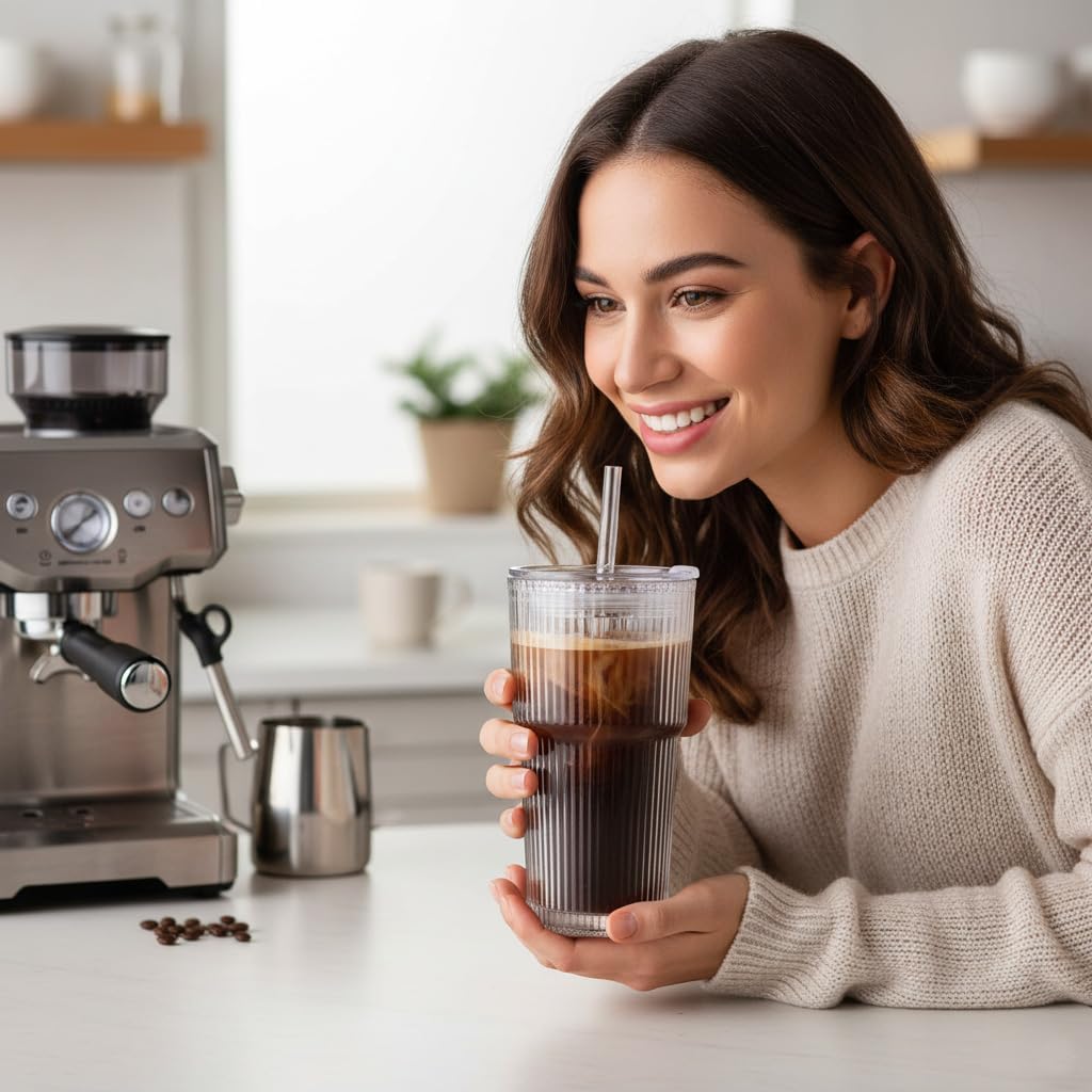 Ribbed Glass Tumbler with Lids and Straws, 20oz Vintage Clear Glass cups, Large capacity, Unbreakable, Fluted Design, Ideal for Water, Iced Coffee, Juice, Tea, Latte, Gift (4) - Image 2