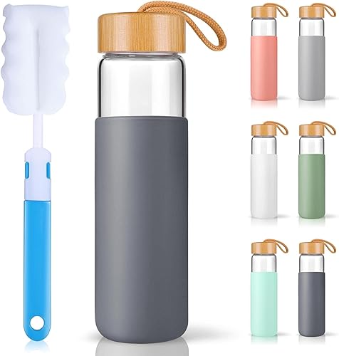 Botella de agua de vidrio de 25 onzas con tapa de bambú, botellas de agua de vidrio de borosilicato con funda, boca ancha y botella de agua apta
