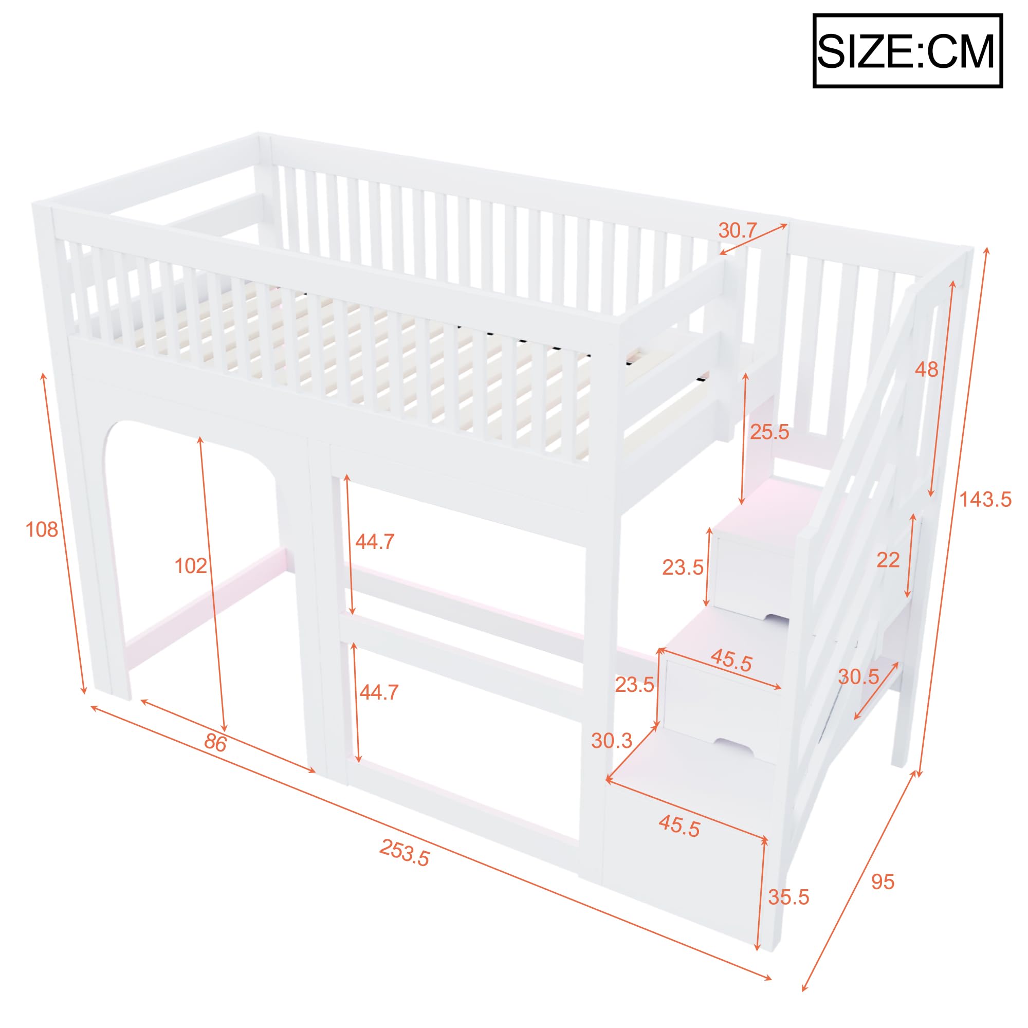 Cama alta infantil de 90 x 200 cm con aspecto de puerta y ventana, con escalera ascendente con espacio de almacenamiento, espacio de almacenamiento abierto debajo de la cama, equipada con iluminación