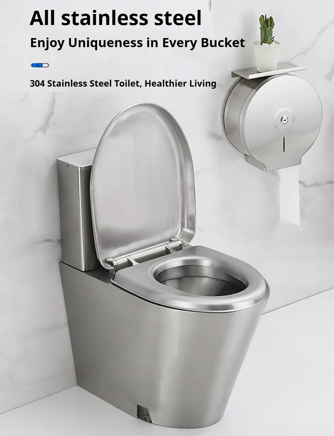 Inodoro comercial de doble descarga de acero inoxidable 304 con tapa, ahorro de agua y resistente a la congelación para baño