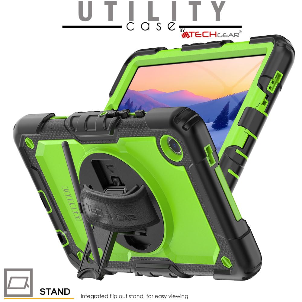 TECHGEAR UTILITY Etui pasuje do Samsung Galaxy Tab A9 22.1 cm (SM-X110 / SM-X115), wytrzymałe, wytrzymałe etui odporne na wstrząsy, z obrotowym stojakiem 360, paskiem na rękę i paskiem na ramię,
