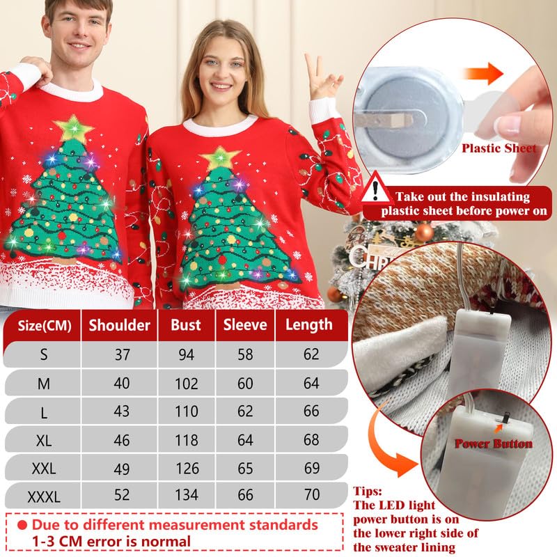 Kouric Maglione Natalizio Donna con Luci, Maglione Natale LED Divertente, Maglioni Natalizi Famiglia Coppia Luminoso Maglioncini di Natale Brutti, Ugly Christmas Sweater per Adulti/Bambina