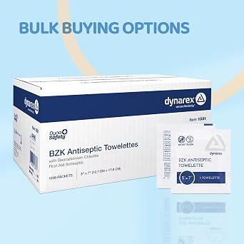 Dynarex DynaSafety BZK Antiseptic Towelettes - Sterile, Alcohol and Fragrance Free, Gentle Cleansing, Safe on Minor Wounds - 5 x 7 - Case of 1000