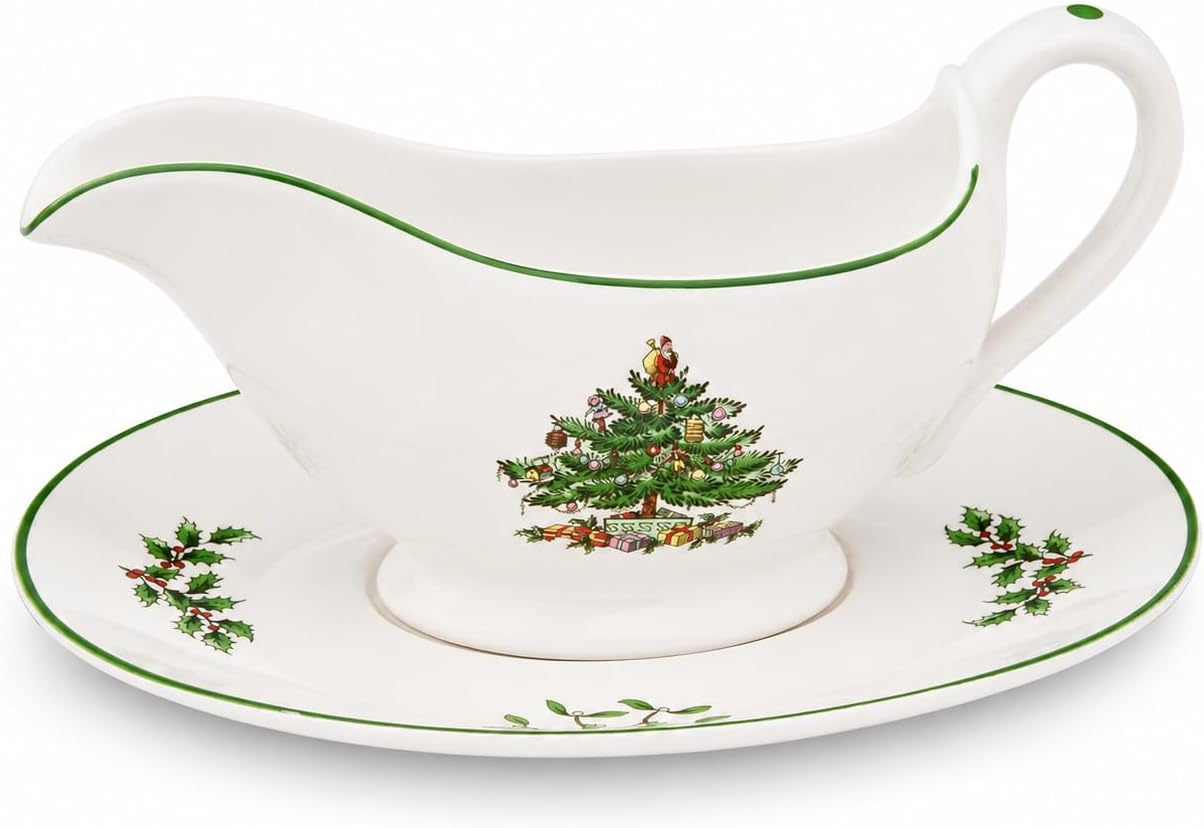 Spode Christmas Tree Gravy Boat & Stand - Multicolored, Set of 2